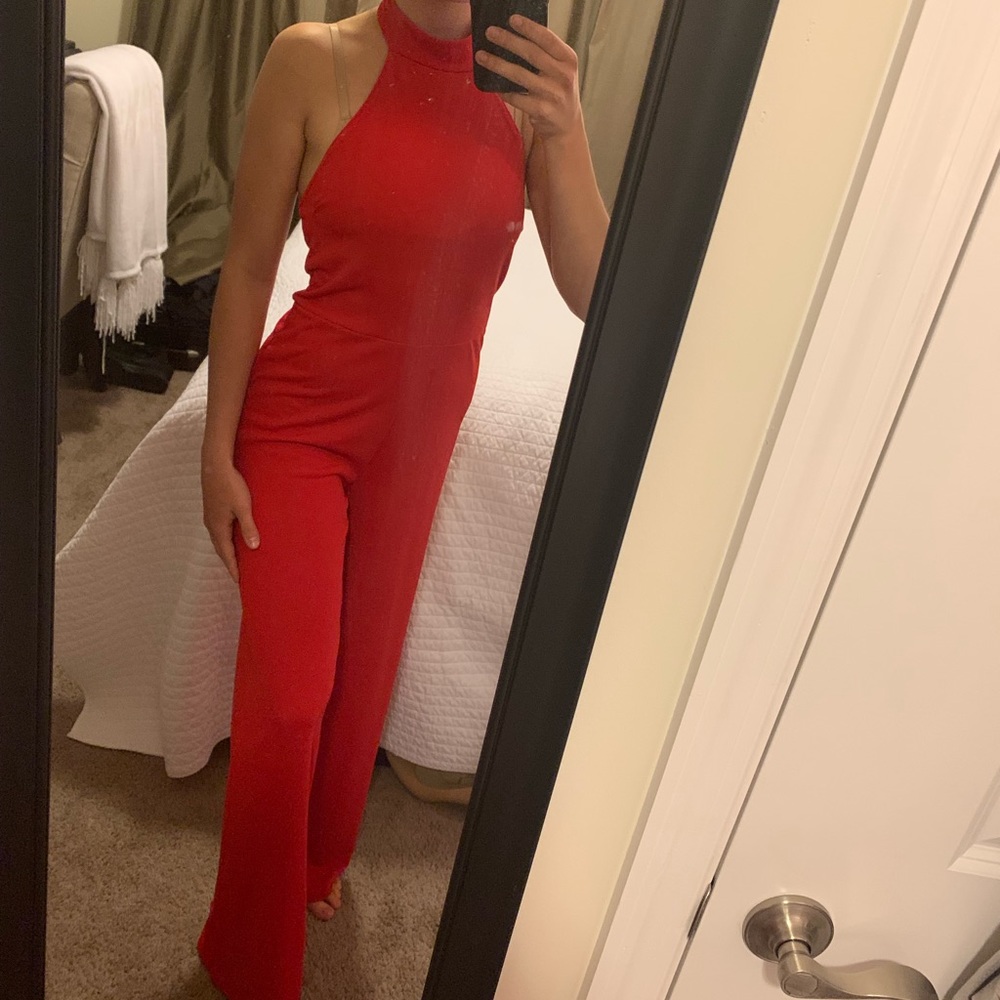 Red Higneck Wideleg Red Jumpsuit